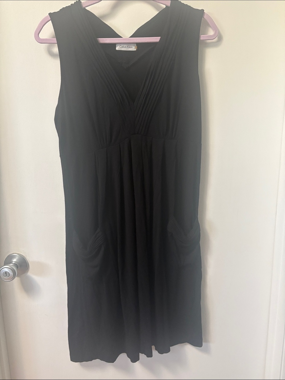 Calvin Klein Black Sleeveless V-Neck Midi Dress with Draped Pockets